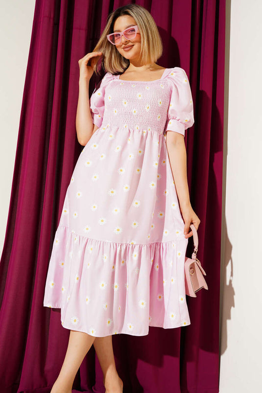 Daisy Patterned Midi Dress Pink