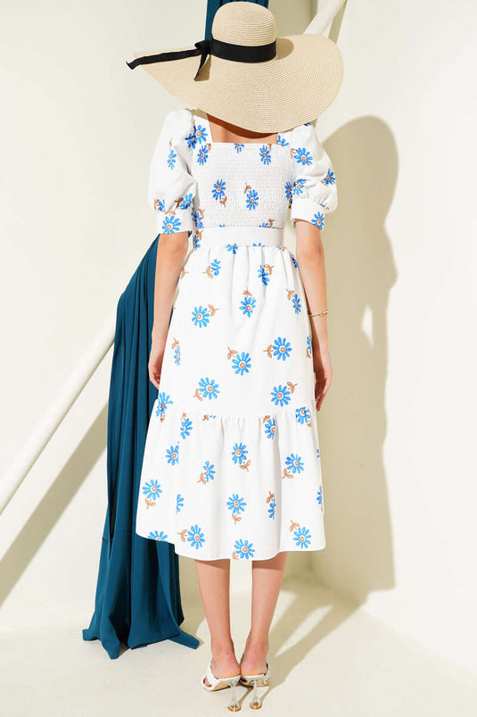 Papatyalı Gipeli Midi Elbise Saks