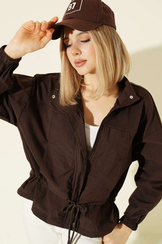 Loose Short Jacket with Parachute Fabric Trim Brown