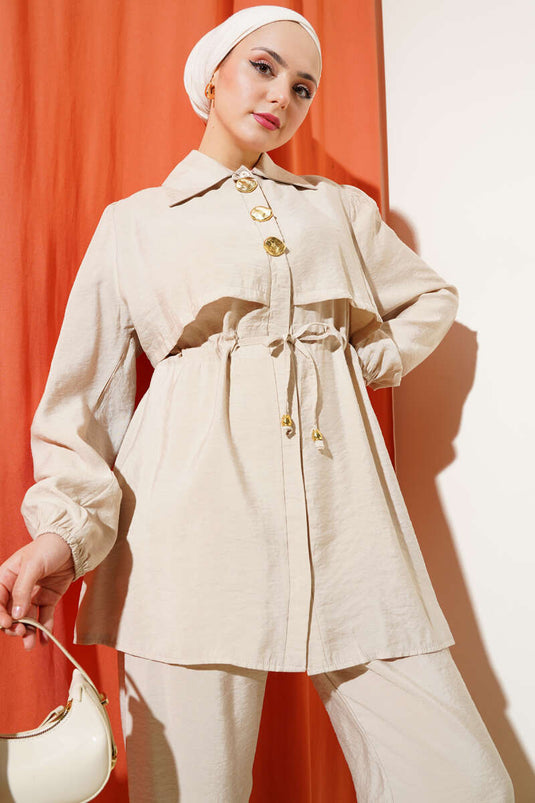 Piece Detailed Waist Tunnel Two Piece Set Beige