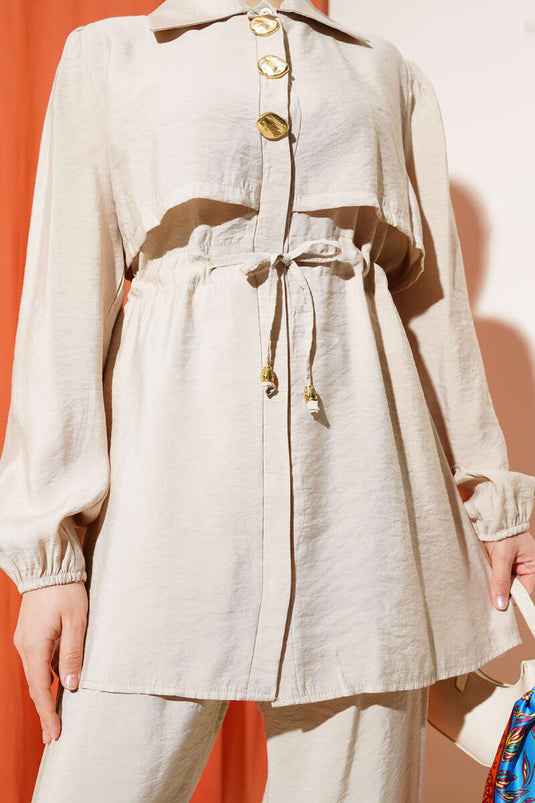 طقم مكون من قطعتين من ملابس داخلية بتفاصيل على الخصر باللون البيج