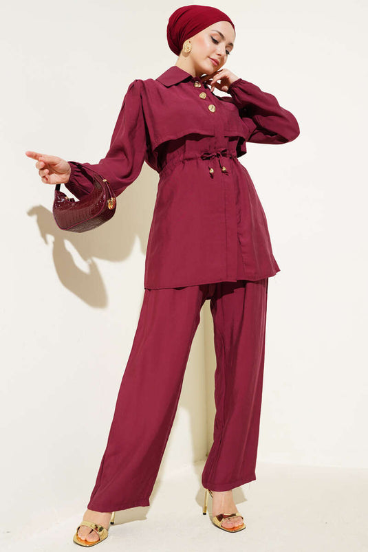 Piece Detail Waist Tunnel Two Piece Suit Claret Red