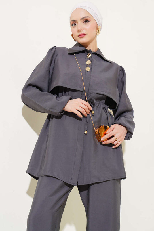 Piece Detailed Waist Tunnel Two Piece Suit Smoke