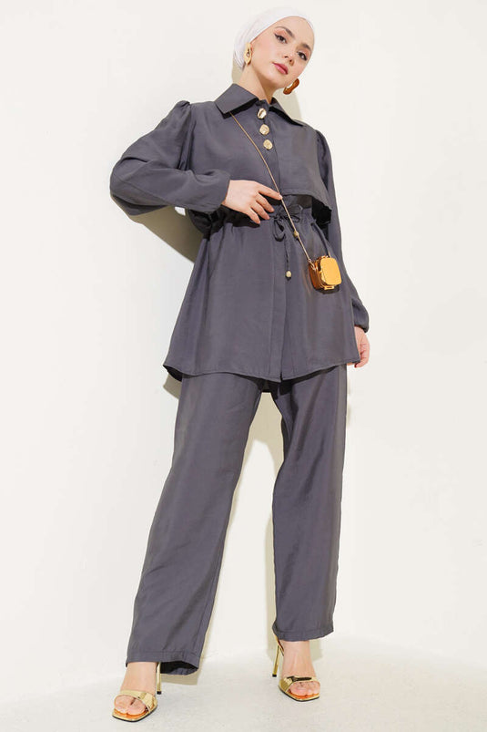 Piece Detailed Waist Tunnel Two Piece Suit Smoke