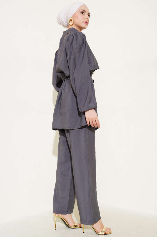 Piece Detailed Waist Tunnel Two Piece Suit Smoke