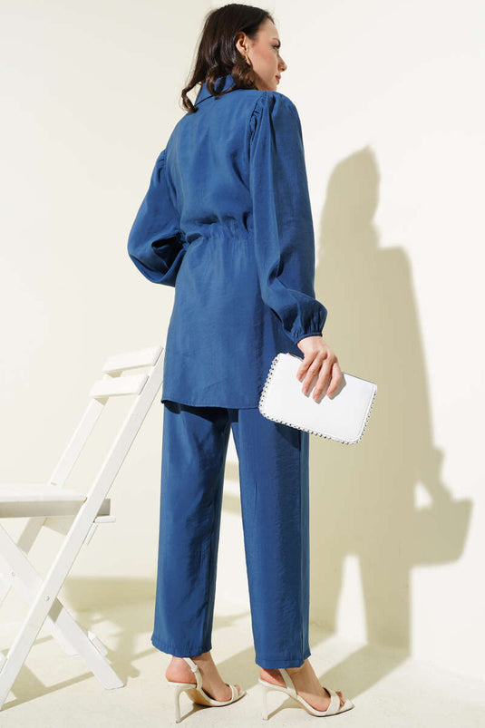 Piece Detailed Waist Tunnel Two Piece Set Indigo