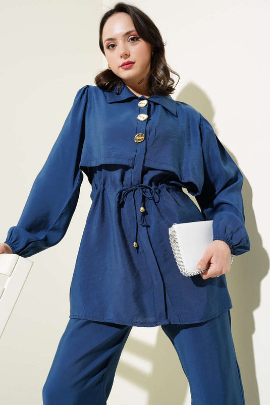 Piece Detailed Waist Tunnel Two Piece Set Indigo