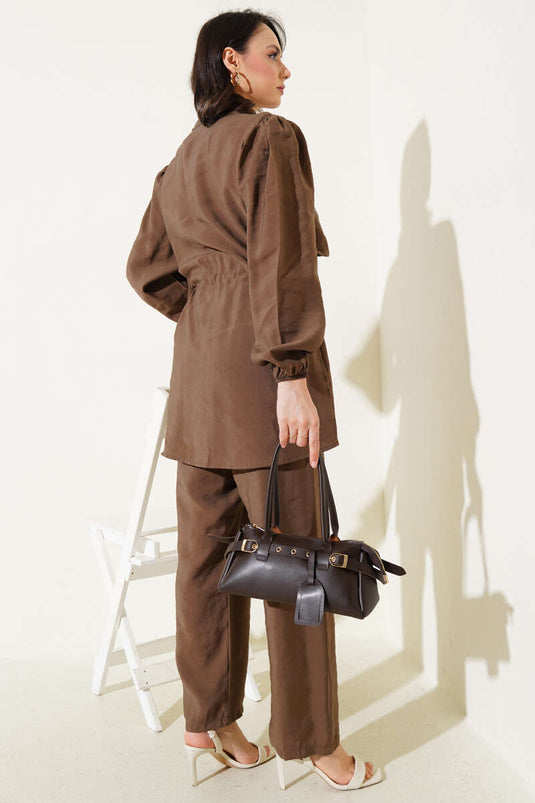 Stuk Detail Taille Tunnel Tweedelig Pak Bruin