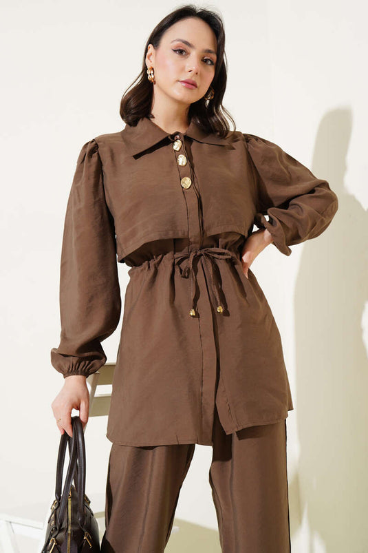 Stuk Detail Taille Tunnel Tweedelig Pak Bruin