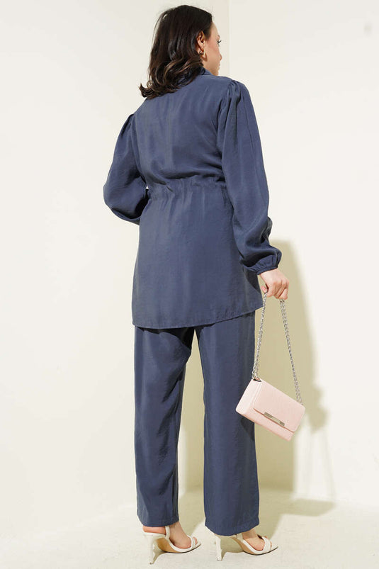 Piece Detailed Waist Tunnel Two Piece Set Slate Gray