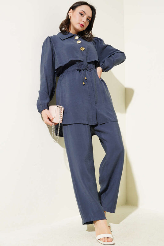 Piece Detailed Waist Tunnel Two Piece Set Slate Gray