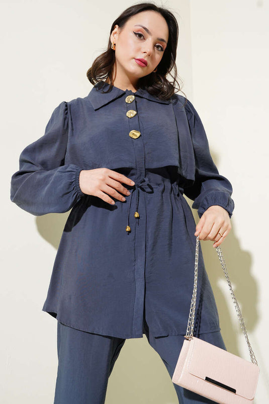 Piece Detailed Waist Tunnel Two Piece Set Slate Gray