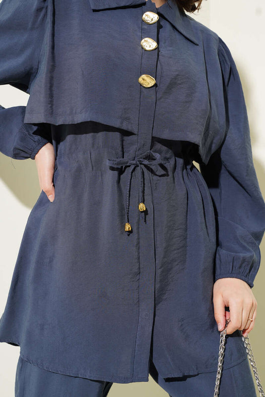 Piece Detailed Waist Tunnel Two Piece Set Slate Gray