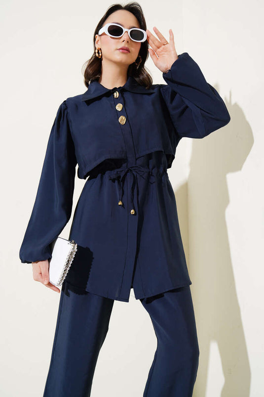 Maillot deux pièces bleu marine avec taille détaillée et tunnel