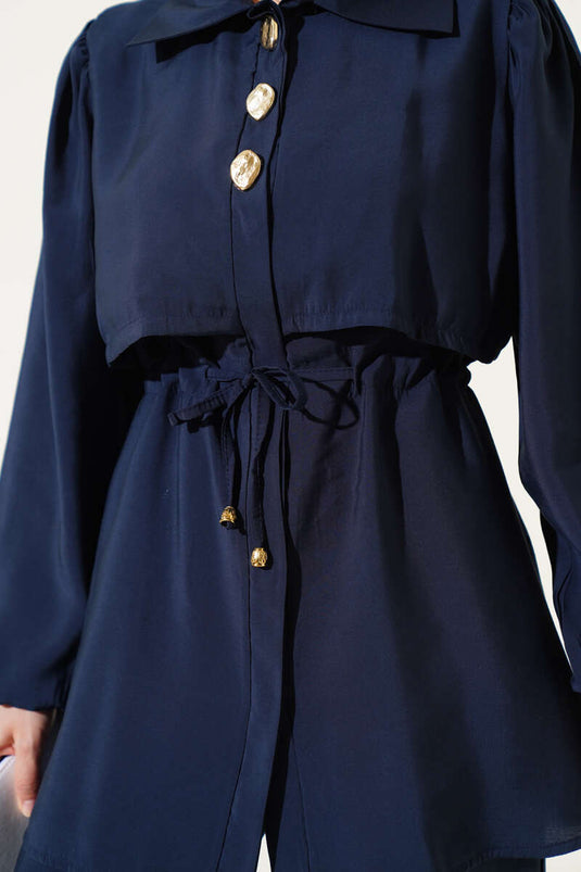 Maillot deux pièces bleu marine avec taille détaillée et tunnel