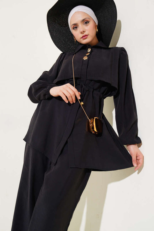 Parça Detaylı Bel Tünelli İkili Takım Siyah