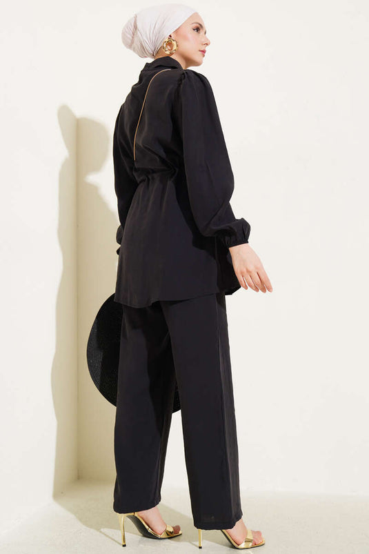 Parça Detaylı Bel Tünelli İkili Takım Siyah