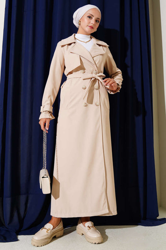 Piece Detailed Ankle Belt Trench Coat Beige