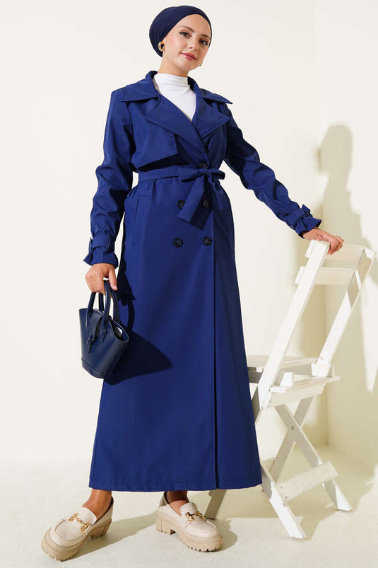 Piece Detailed Ankle Belt Trench Coat Navy Blue