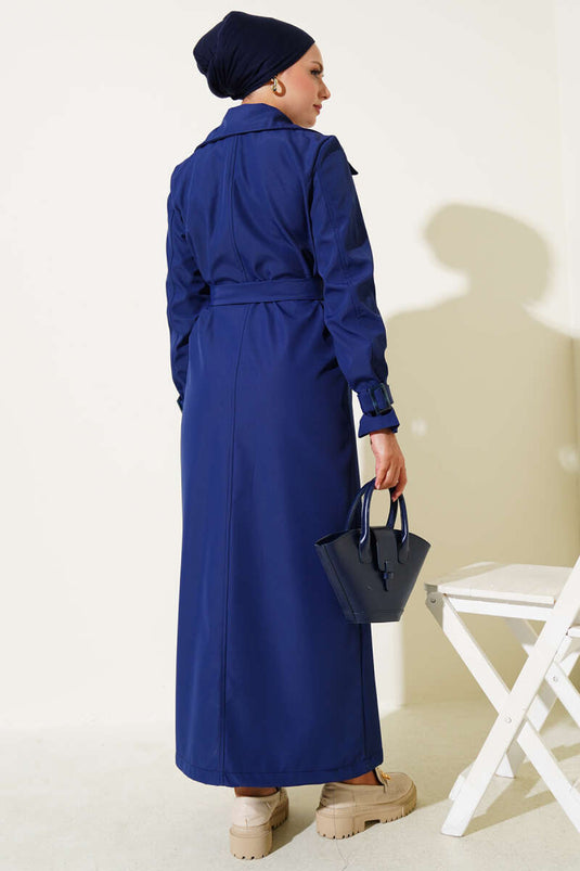 Piece Detailed Ankle Belt Trench Coat Navy Blue