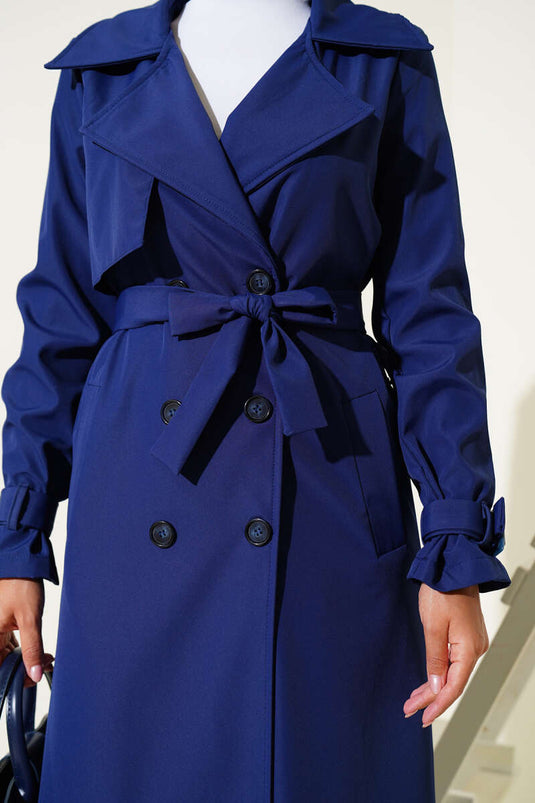 Piece Detailed Ankle Belt Trench Coat Navy Blue