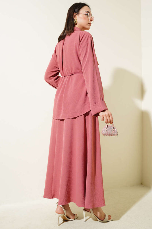 بدلة أيروبين بتنورة وحزام، قطعة واحدة، لون وردي مغبر