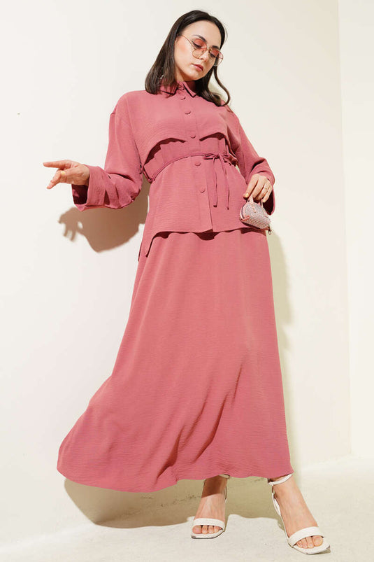 بدلة أيروبين بتنورة وحزام، قطعة واحدة، لون وردي مغبر