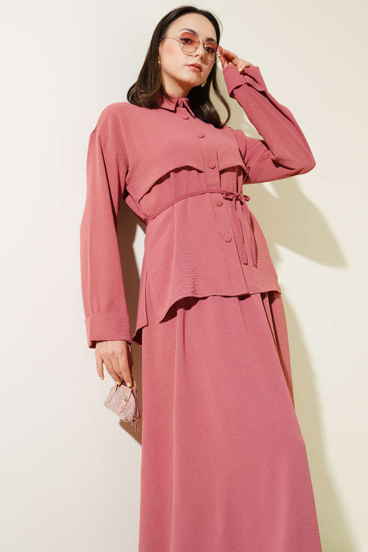 بدلة أيروبين بتنورة وحزام، قطعة واحدة، لون وردي مغبر