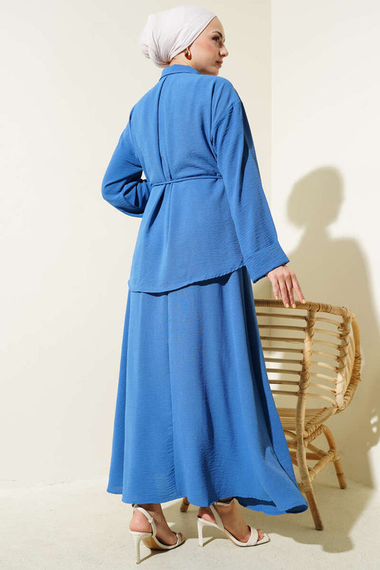 Parça Detaylı Kuşaklı Etekli Ayrobin Takım İndigo