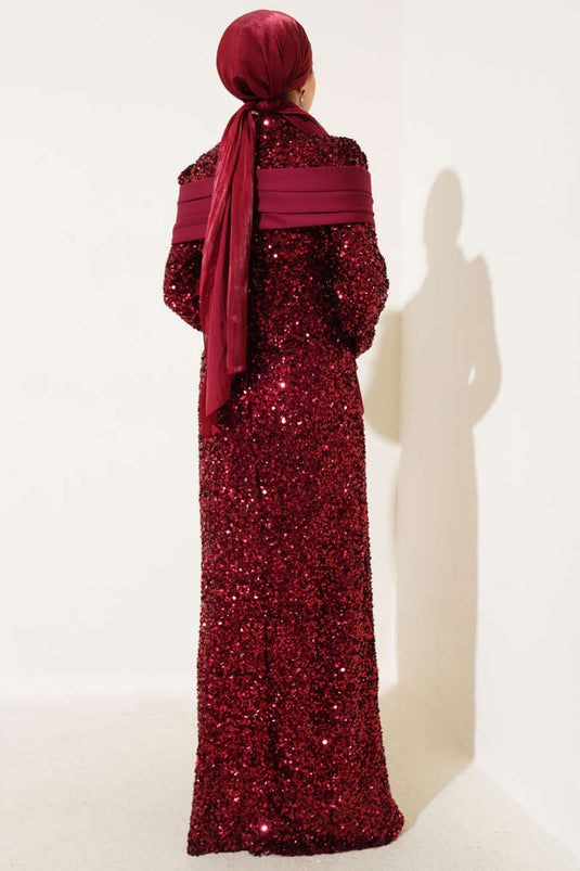 Piece Detailed Sequin Evening Dress Burgundy