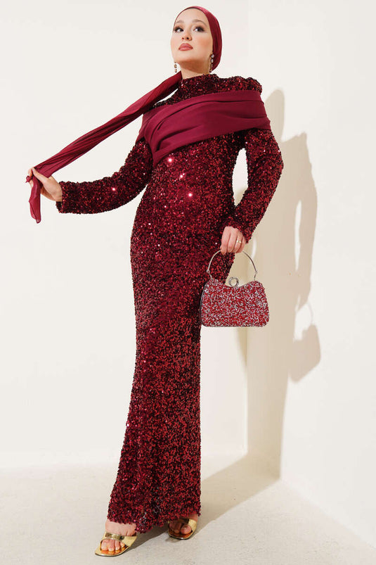 Piece Detailed Sequin Evening Dress Burgundy