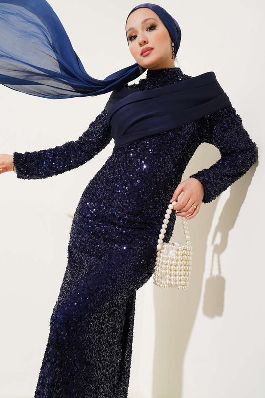 Robe de soirée à paillettes bleu marine