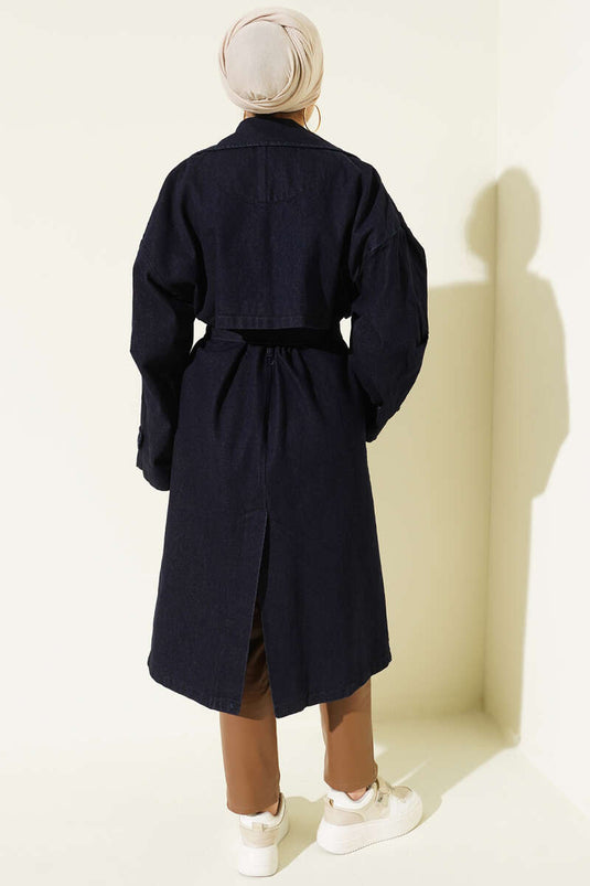 Loose Fit Denim Trench Coat with Panel Detail Navy