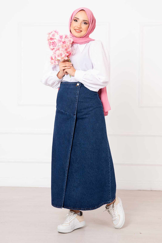 Patchwork Denim Skirt Dark Blue
