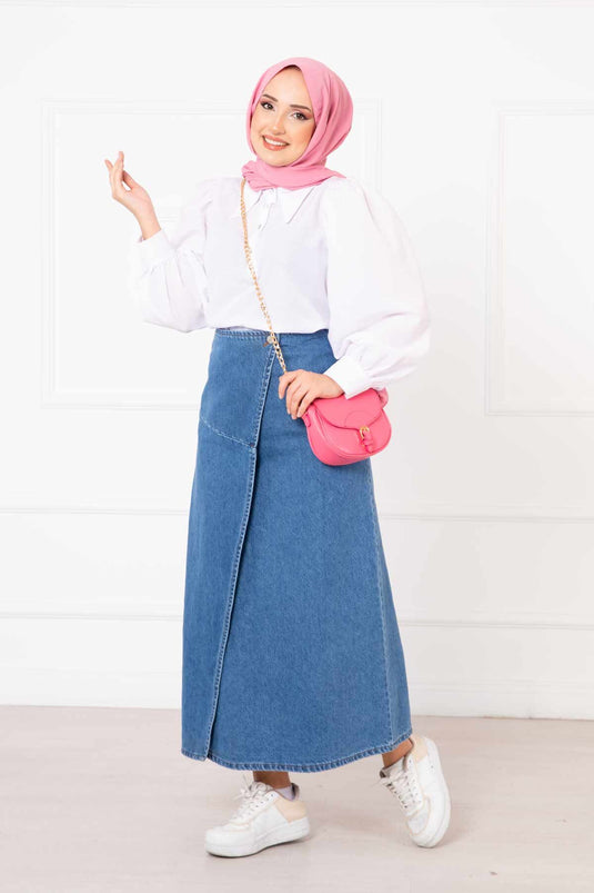 Patchwork Denim Skirt Blue
