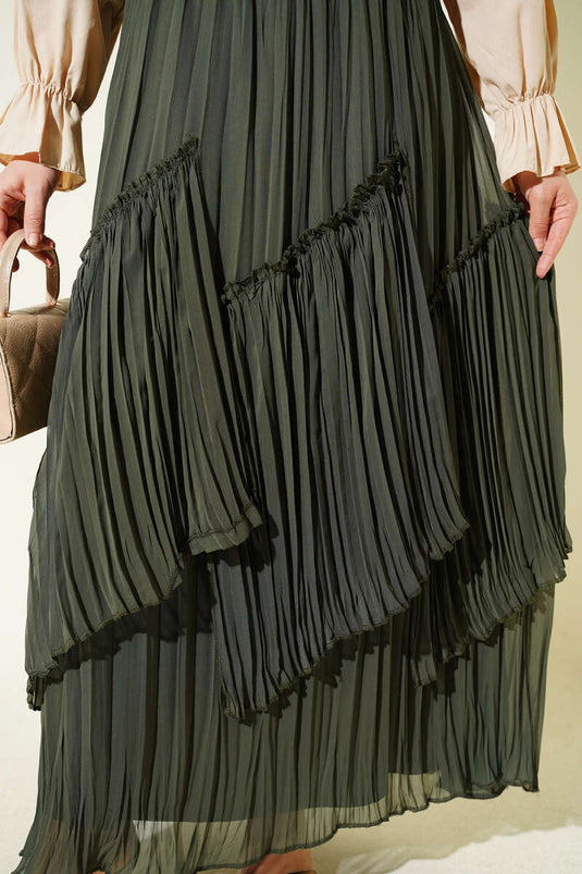 Jupe plissée en chiffon kaki à panneaux