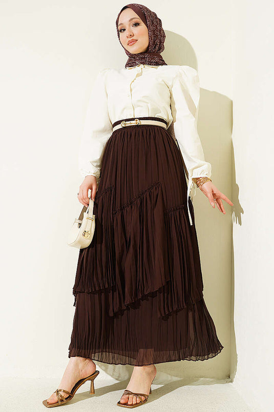Gonna plissettata a pannelli in chiffon marrone