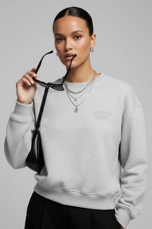 Sweat-shirt gris brodé Paris à 3 fils