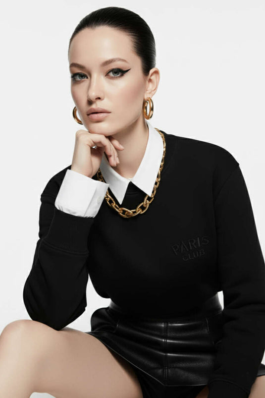 Sweat-shirt noir brodé Paris à 3 fils