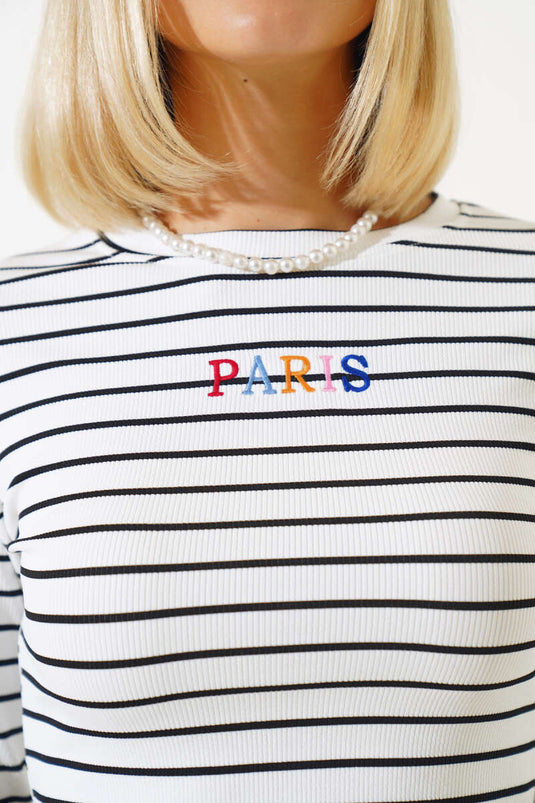 Chemisier rayé brodé Paris blanc