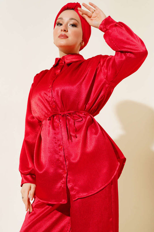 بدلة قميص مشرقة باللون الأحمر