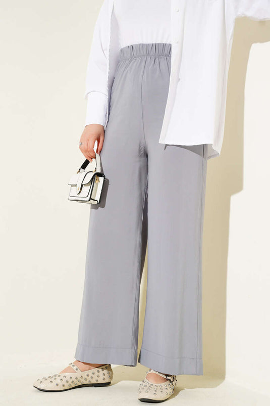 Shiny Look Fabric Trousers Gray