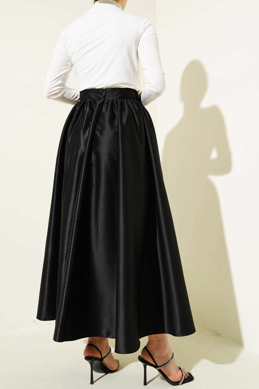 Shiny Flared Taffeta Skirt Black