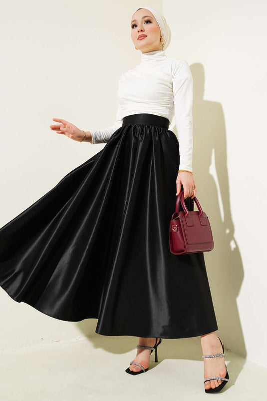 Shiny Flared Taffeta Skirt Black
