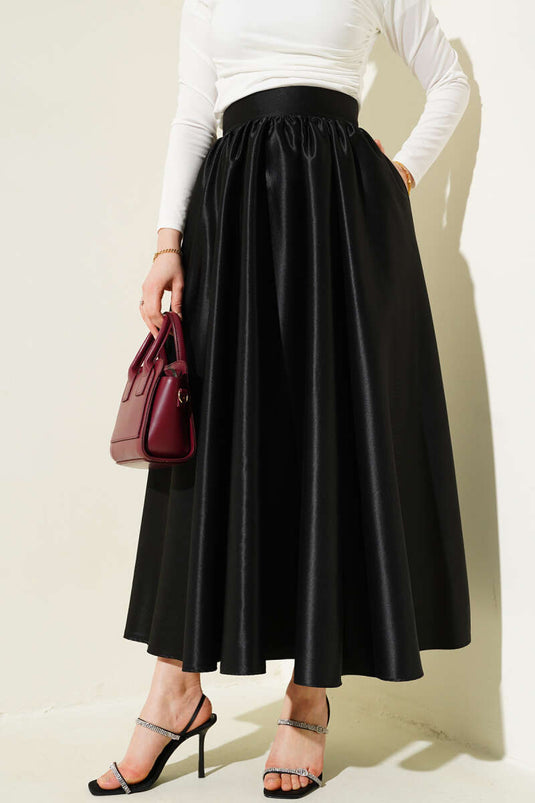 Parlak Kloş Tafta Etek Siyah