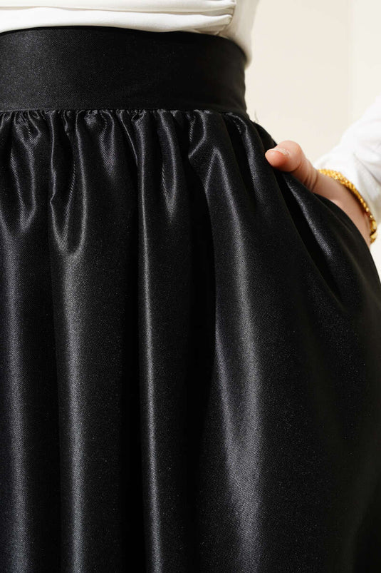 Parlak Kloş Tafta Etek Siyah