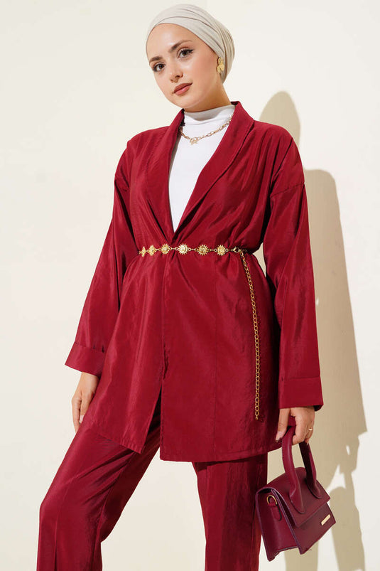 Costume deux pièces brillant ceinturé bordeaux