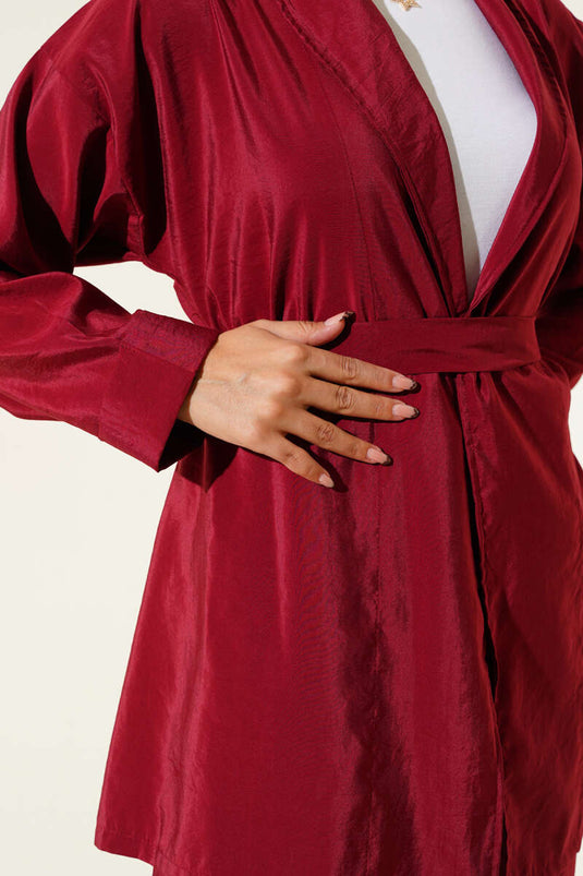 Costume deux pièces brillant ceinturé bordeaux