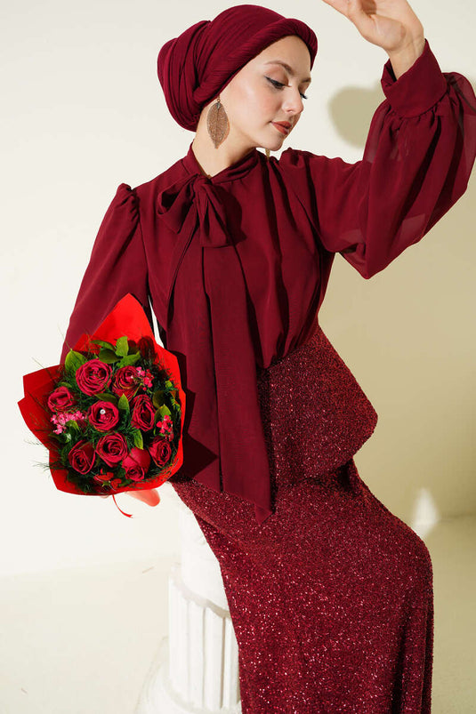 Parlak Pul Detaylı Abiye İkili Takım Bordo