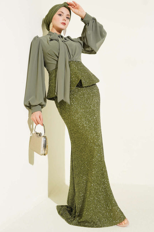 Parlak Pul Detaylı Abiye İkili Takım Çağla Yeşili